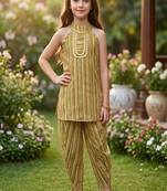 Golden and multi printed cotton festive wear kurta set