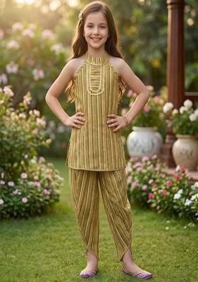 Golden and multi printed cotton festive wear kurta set 2