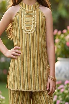 Golden and multi printed cotton festive wear kurta set 5