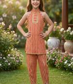 Coral and golden printed cotton festive wear kurta set