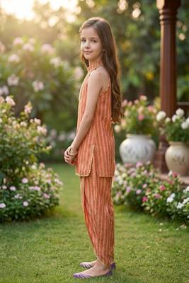 Coral and golden printed cotton festive wear kurta set 3
