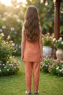 Coral and golden printed cotton festive wear kurta set 4