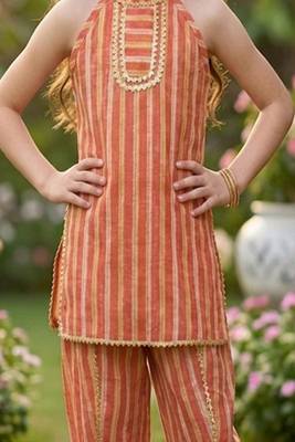 Coral and golden printed cotton festive wear kurta set 5