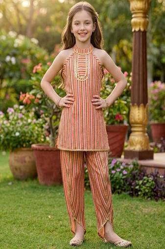 Coral and multi printed cotton festive wear kurta set