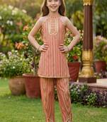 Coral and multi printed cotton festive wear kurta set