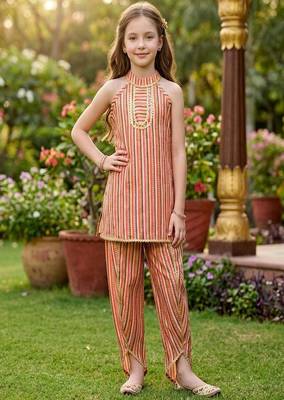 Coral and multi printed cotton festive wear kurta set 2