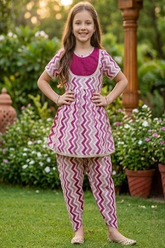 Magenta and white printed cotton festive wear kurta set
