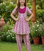Magenta and white printed cotton festive wear kurta set