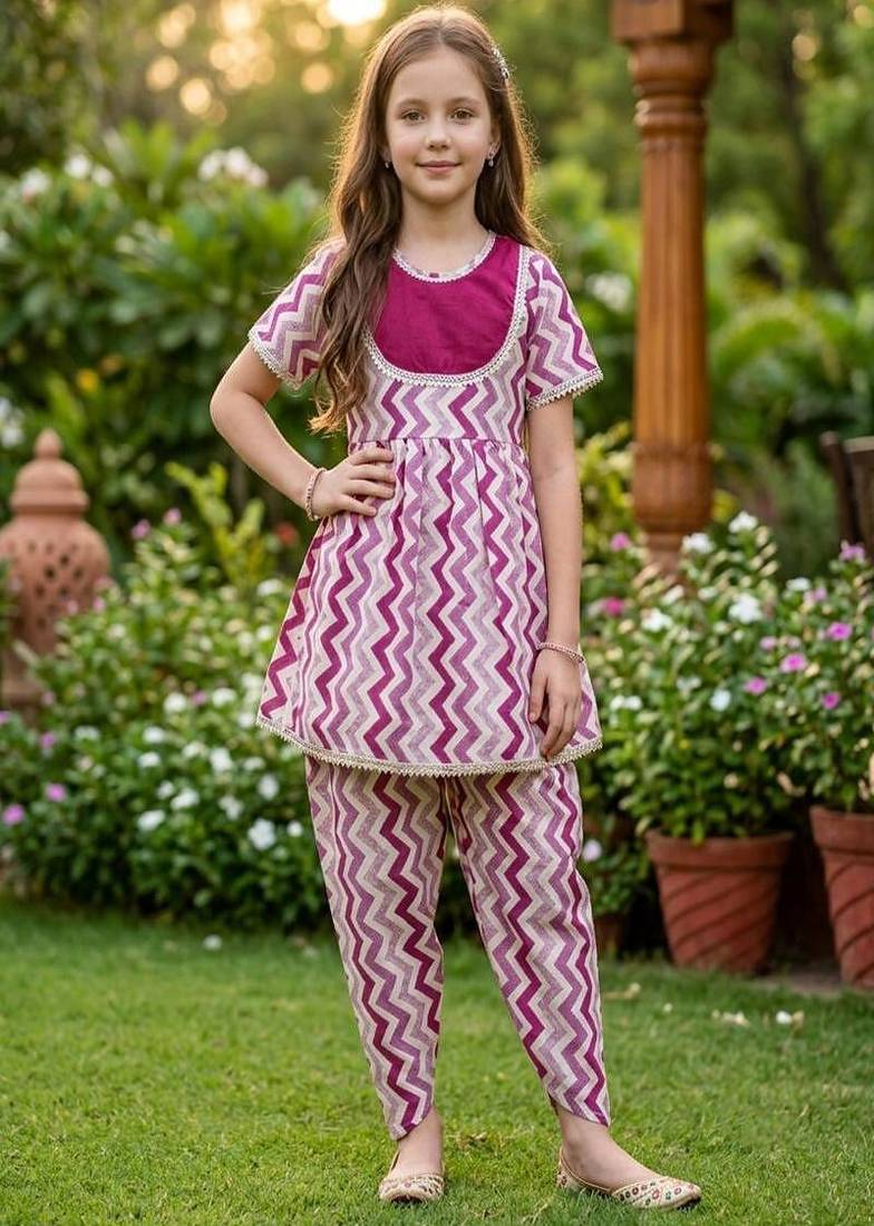 Magenta and white printed cotton festive wear kurta set