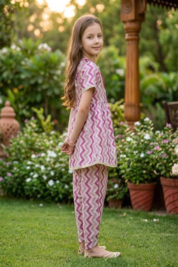 Magenta and white printed cotton festive wear kurta set