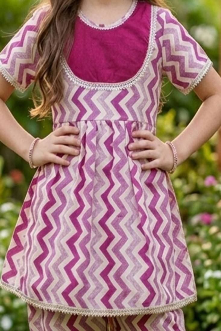 Magenta and white printed cotton festive wear kurta set