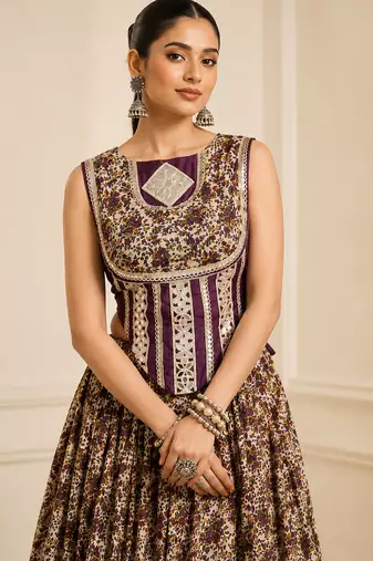 Purple Navratri Festive Chanderi Lehenga with Real Mirror Work