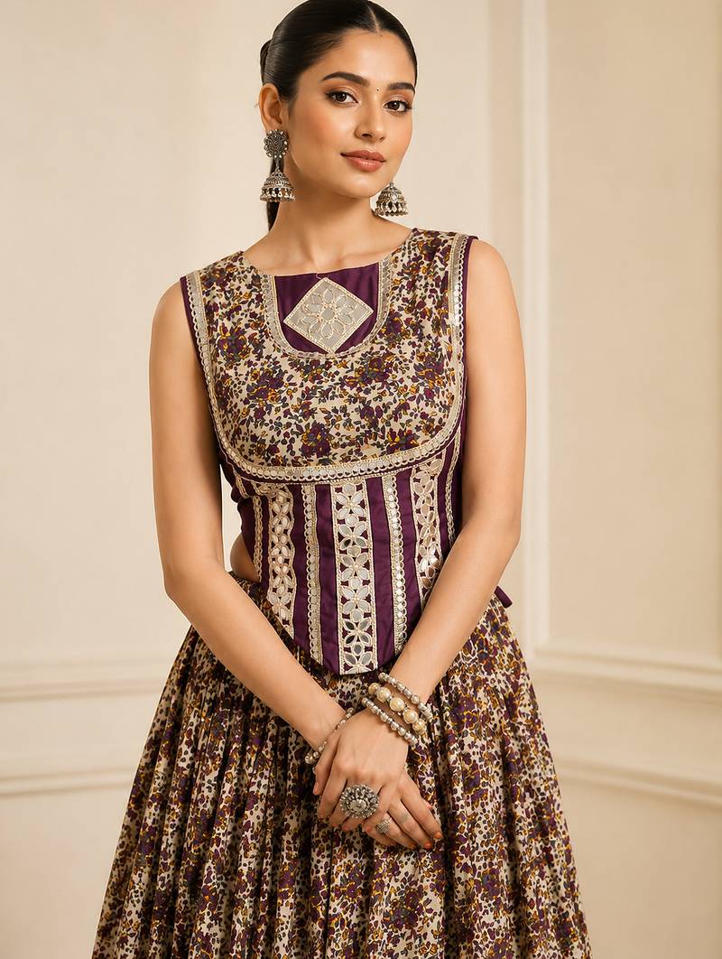 Purple Navratri Festive Chanderi Lehenga with Real Mirror Work