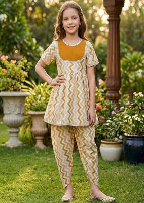 Brown and white printed cotton festive wear kurta set 1