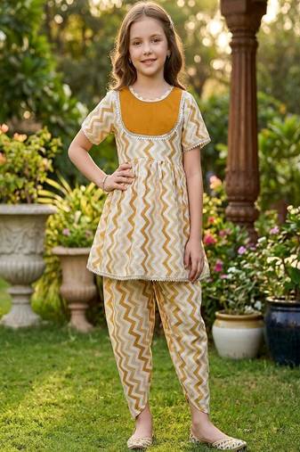 Brown and white printed cotton festive wear kurta set