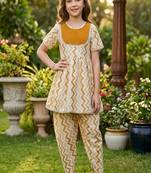 Brown and white printed cotton festive wear kurta set