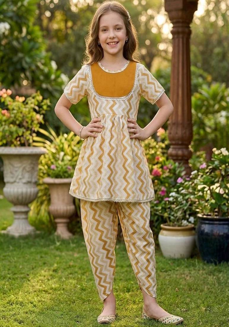 Brown and white printed cotton festive wear kurta set