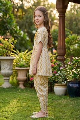 Brown and white printed cotton festive wear kurta set 3
