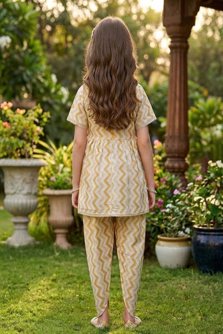 Brown and white printed cotton festive wear kurta set