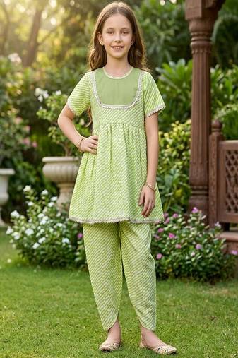 Green and white printed cotton festive wear kurta set