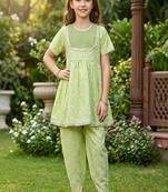 Green and white printed cotton festive wear kurta set