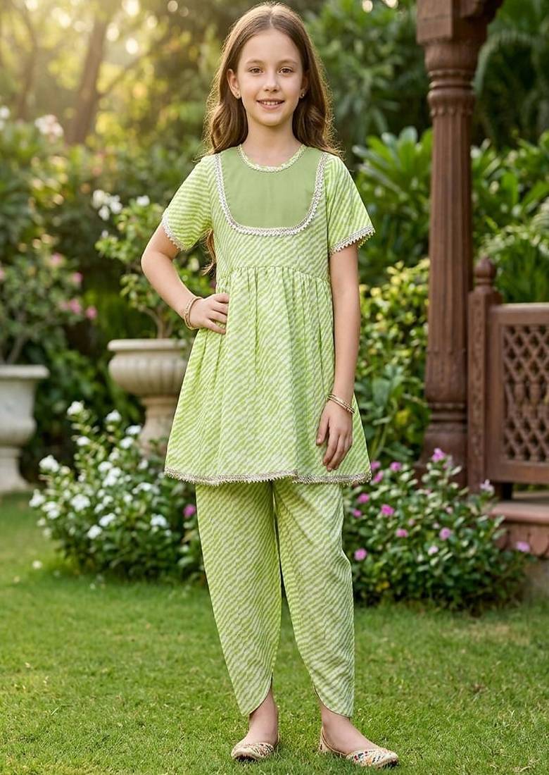 Green and white printed cotton festive wear kurta set