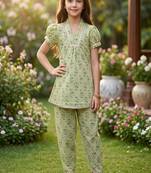 Green and white printed cotton festive wear kurta set