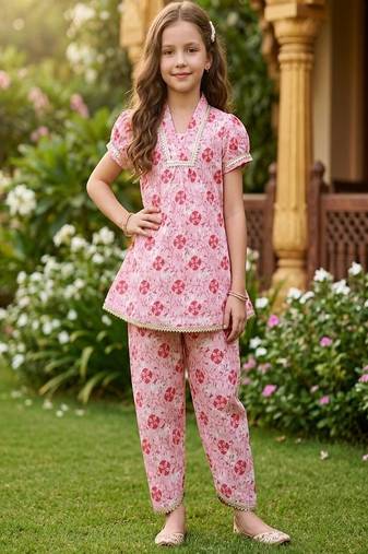 Pink and white printed cotton festive wear kurta set