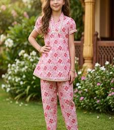 Pink and white printed cotton festive wear kurta set