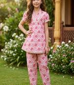 Pink and white printed cotton festive wear kurta set