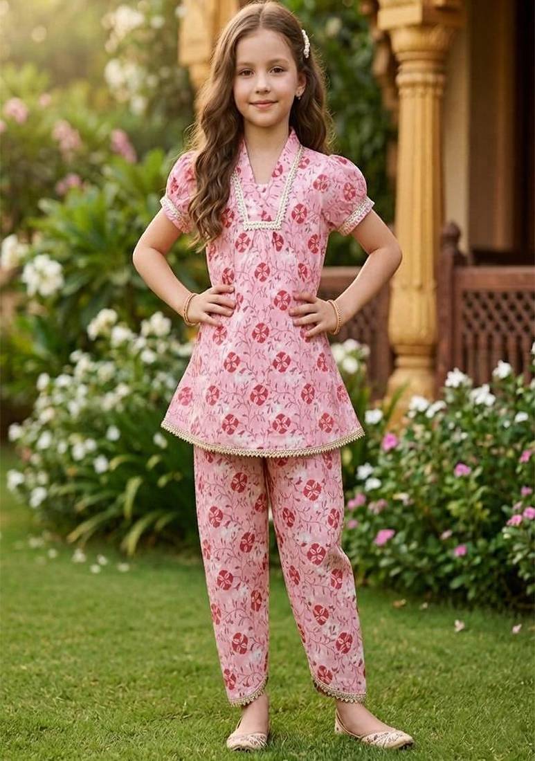 Pink and white printed cotton festive wear kurta set