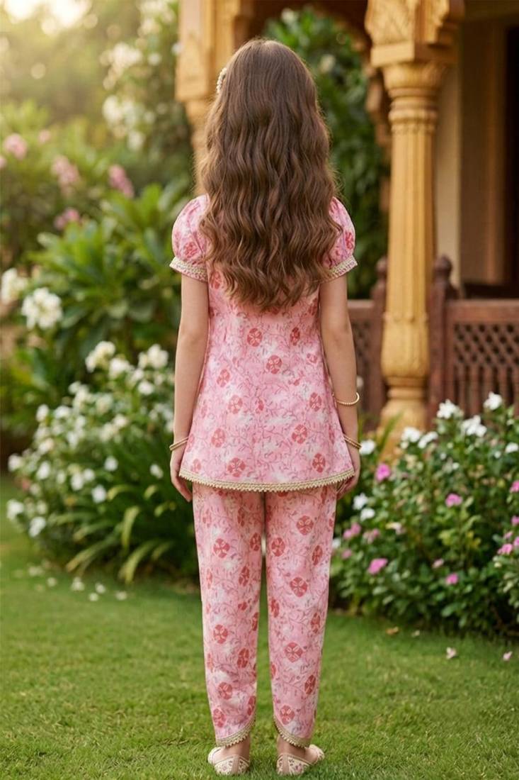 Pink and white printed cotton festive wear kurta set