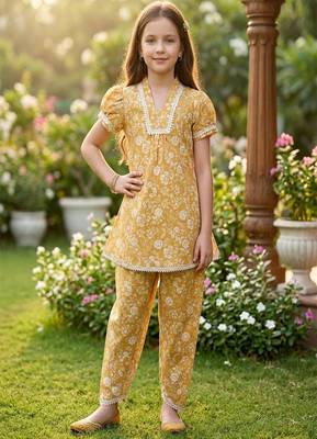 Brown and white printed cotton festive wear kurta set 1
