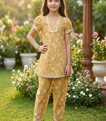 Brown and white printed cotton festive wear kurta set
