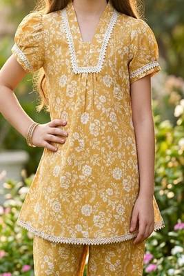 Brown and white printed cotton festive wear kurta set 5