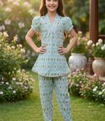 Blue and white printed cotton festive wear kurta set