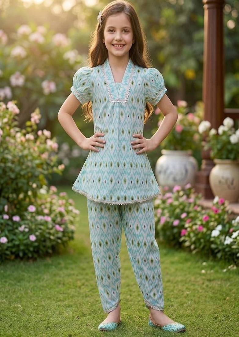 Blue and white printed cotton festive wear kurta set