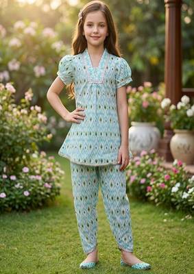 Blue and white printed cotton festive wear kurta set 2