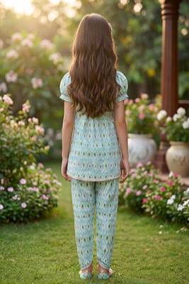 Blue and white printed cotton festive wear kurta set 4