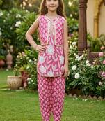Pink and white printed cotton festive wear kurta set