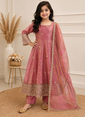 Peach fendy silk embroidery with sequence work kids anarkali set 1