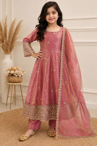 Peach fendy silk embroidery with sequence work kids anarkali set