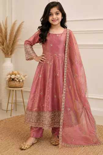 Peach fendy silk embroidery with sequence work kids anarkali set