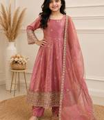 Peach fendy silk embroidery with sequence work kids anarkali set