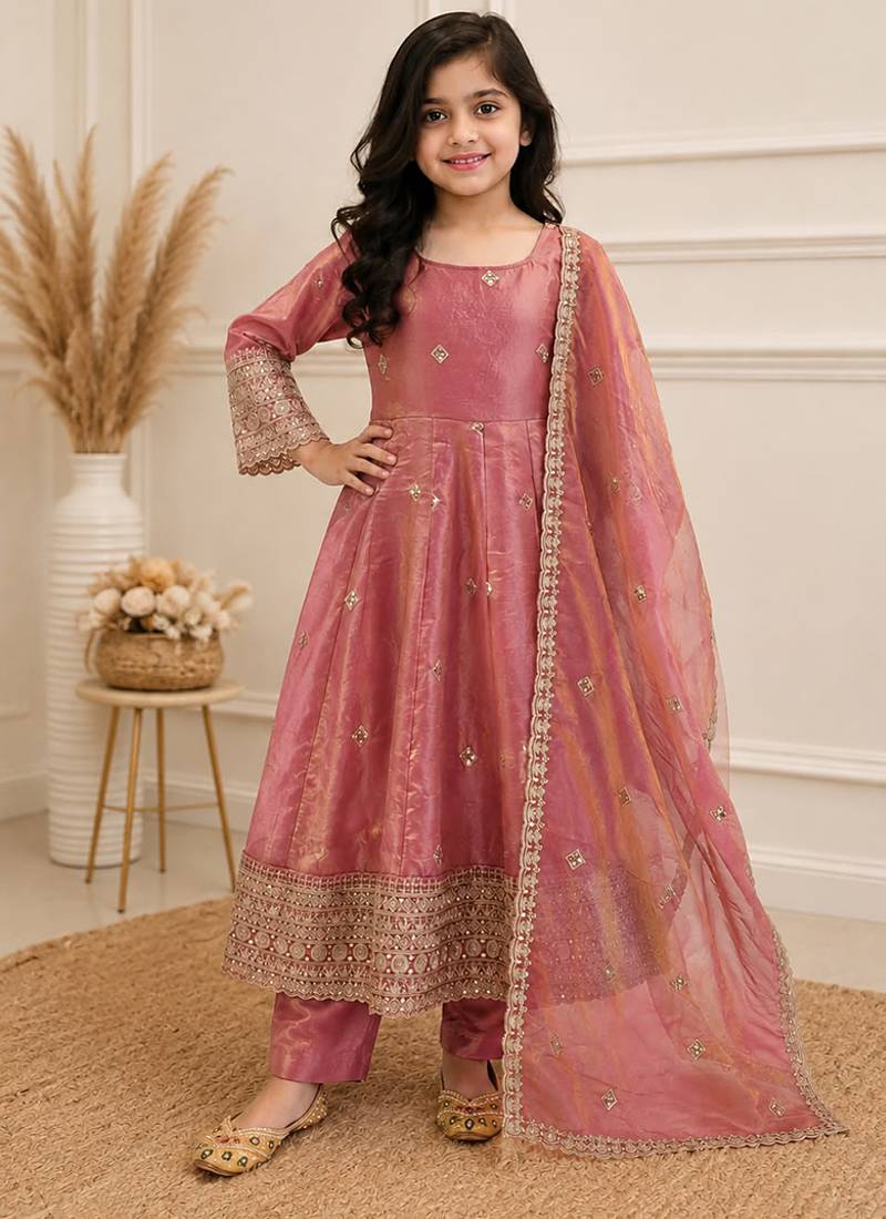 Peach fendy silk embroidery with sequence work kids anarkali set