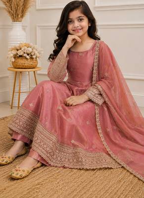 Peach fendy silk embroidery with sequence work kids anarkali set 2
