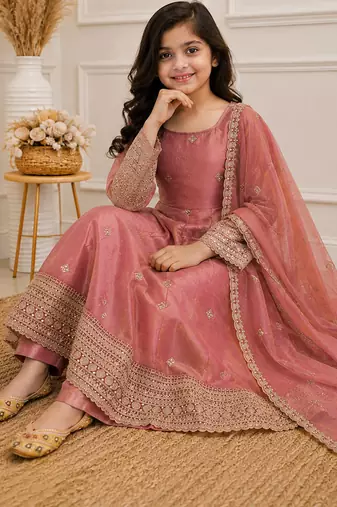Peach fendy silk embroidery with sequence work kids anarkali set