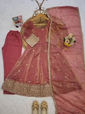 Peach fendy silk embroidery with sequence work kids anarkali set 3