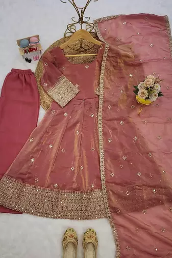 Peach fendy silk embroidery with sequence work kids anarkali set