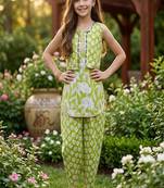 Green and white printed cotton festive wear kurta set